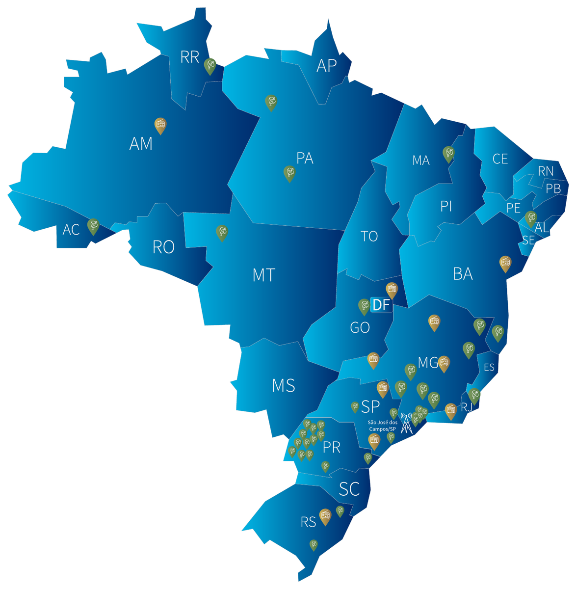 Mapa do Brasil com os estados atendidos pela Super Rede Boa Vontade de Comunicação